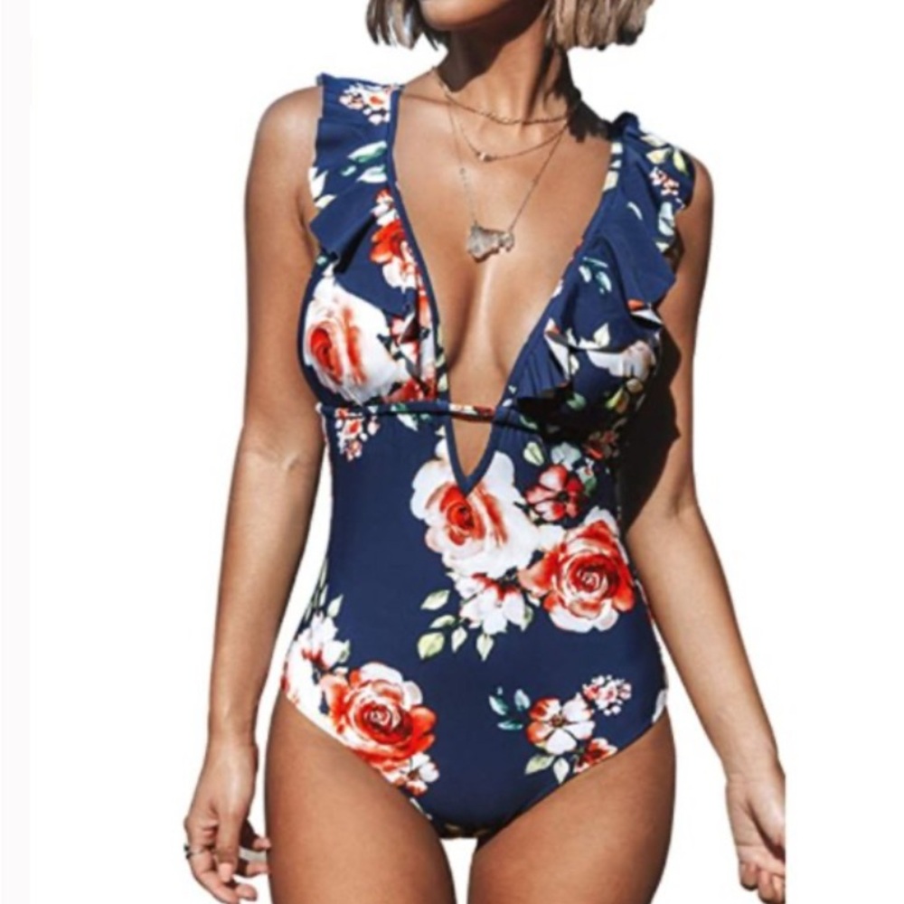 Vintage Women’s Navy Blue Floral Ruffled One Piece Swimsuit  Size L